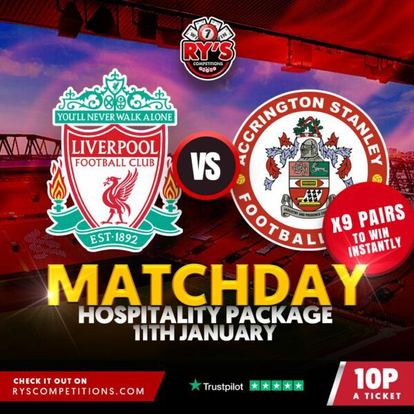 2 X LIVERPOOL VS Accrington Hospitality TICKETS + 9 PAIRS TO BE WON INSTANTLY!